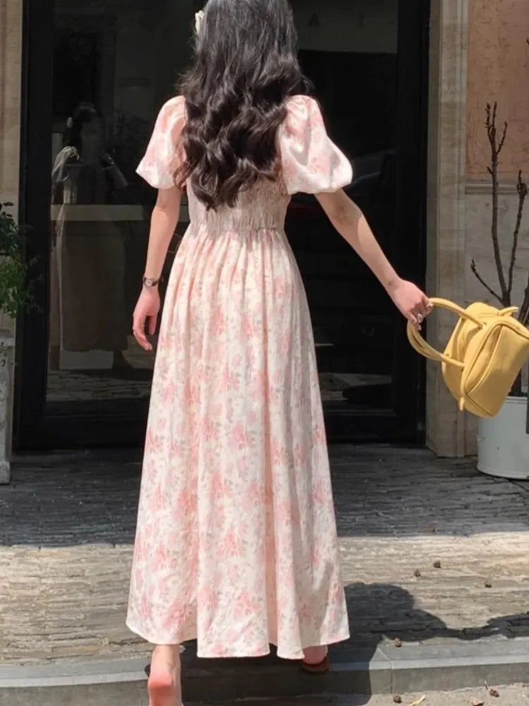 Summer Printed Midi Dress Off Shoulder Puff Sleeve Fairy Aline Dresses Korean Fahion Vestidos Mujer