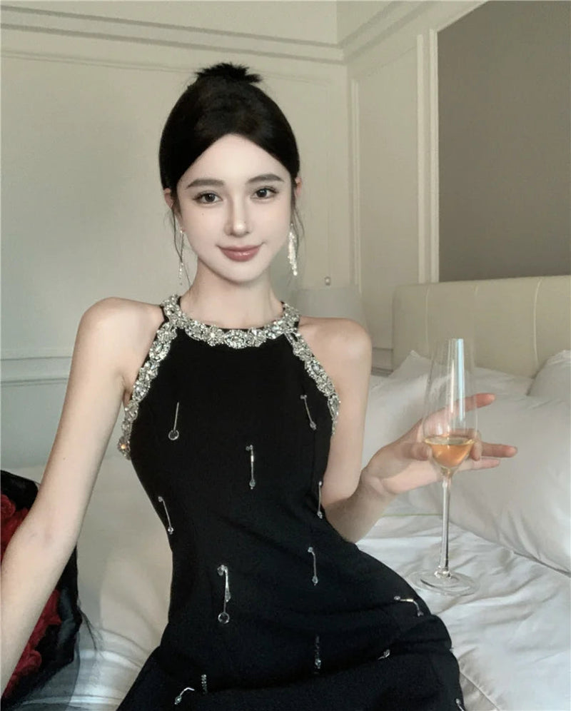 Summer Mini Dress Black Oneck Shine Diamond Beading Slim Gown Femme Evening Party Banquet Runway