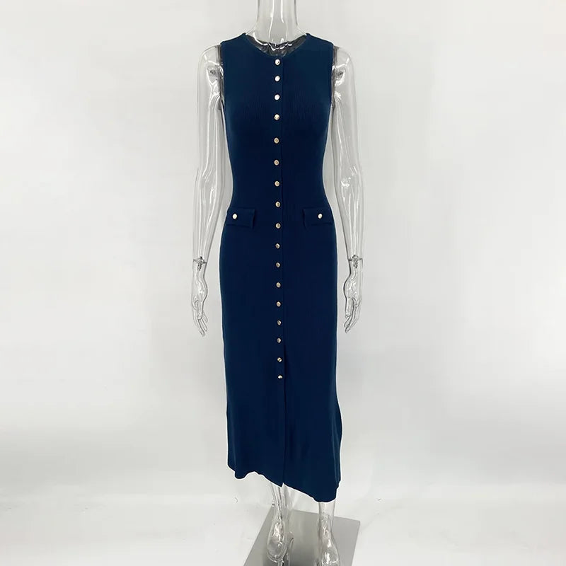Sleeveless Single-breasted Ribbed Knitwear Long Dress for High Waist Bodycon Knitted Fake Pocket Dress New