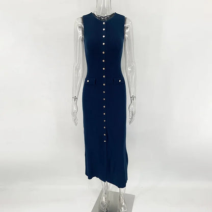 Sleeveless Single-breasted Ribbed Knitwear Long Dress for High Waist Bodycon Knitted Fake Pocket Dress New