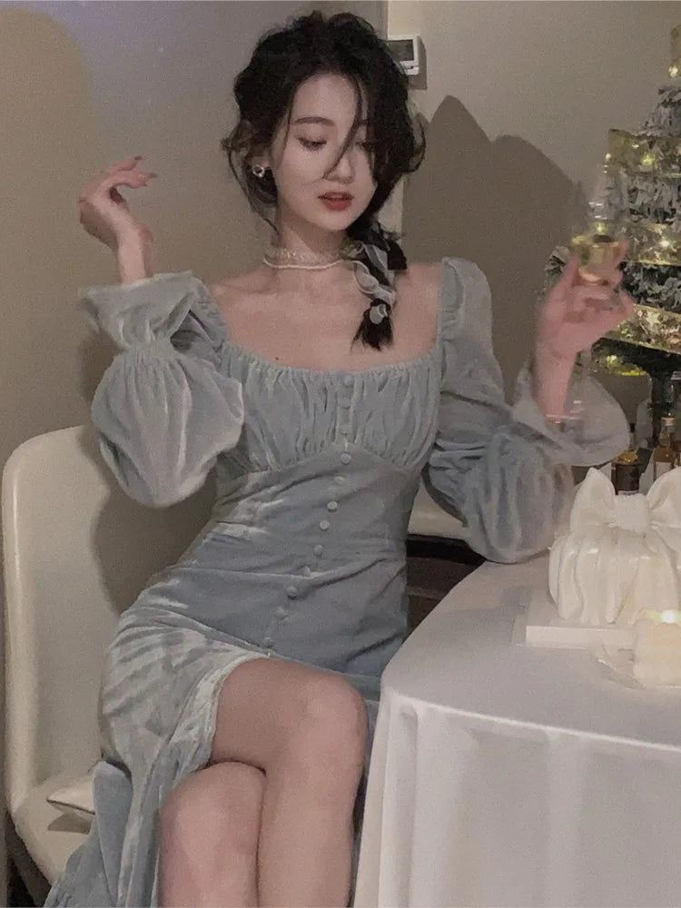 Velvet Long Dress for Y2k Split Evening Party Dress Korean Bodycon Design Vestidos Autumn New