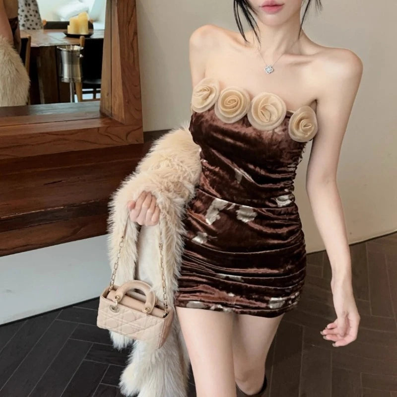 Mini Dresses Flowers Strapless Flowers Slash Neck Off Shoulder Slim Backless Party Dress Club Female