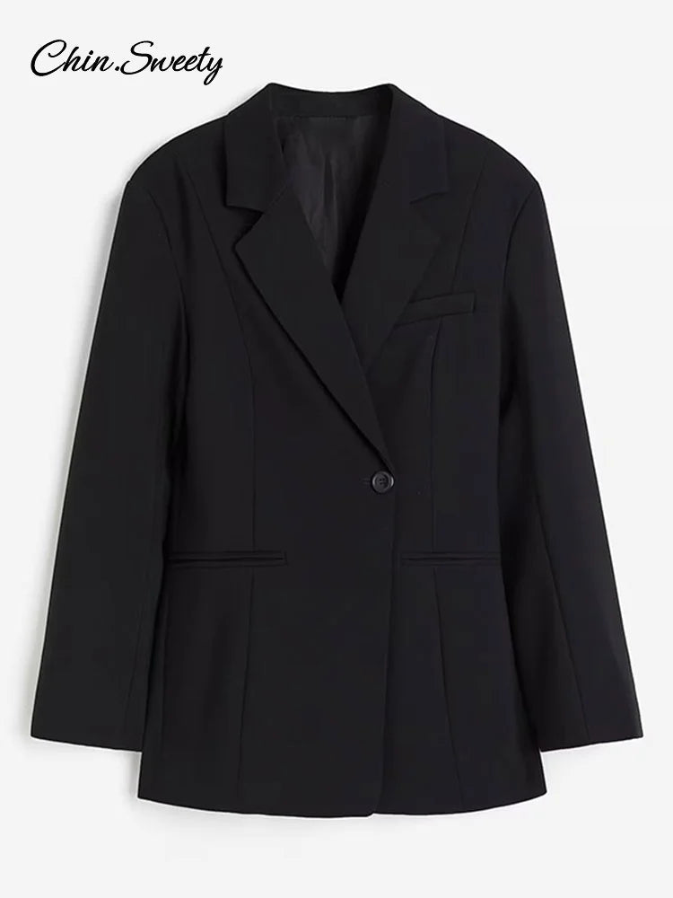 Metal Button Blazer Suit Slim V Neck Long Sleeve Fake Pocket Jacket Autumn Shoulder Pads Office Lady Outwear