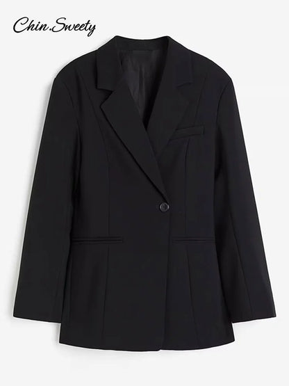 Metal Button Blazer Suit Slim V Neck Long Sleeve Fake Pocket Jacket Autumn Shoulder Pads Office Lady Outwear