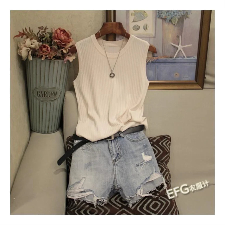 Summer Sleeveless Blouse O-neck Knitted Blouse Shirt Clothes Tops Df4903