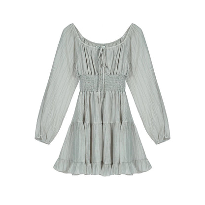 Summer New Gray Ruffles Laceup Pleated Mini Dress French High Waist Long Sleeves Vacation Short Dress Simple