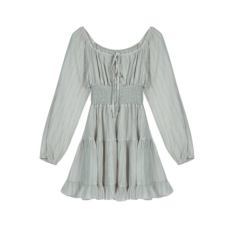 Summer New Gray Ruffles Laceup Pleated Mini Dress French High Waist Long Sleeves Vacation Short Dress Simple