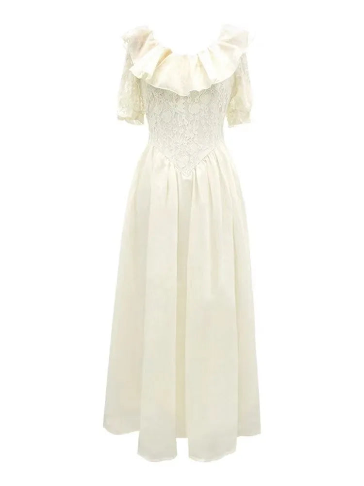 Off Shoulder Midi Dress Lace Patchwork New Summer Ruffles Aline French Prom Robe Vestidos