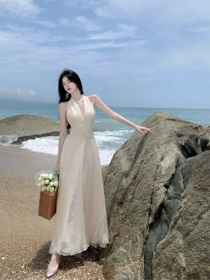 Summer Sleeveless Halter Long White Maxi Dress Tight Waist Vneck Beach Dress Robes Du Soir Evening Dresses Wedding Prom
