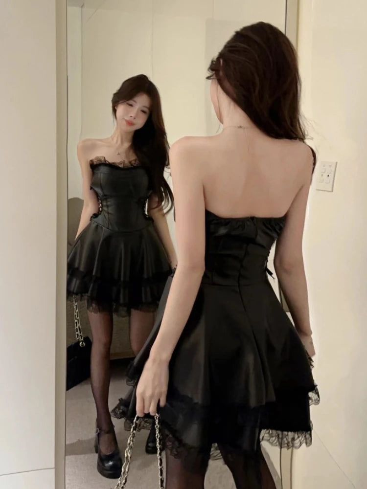 Summer Spring Faux Leather Backless Y2k Club Mini Dress Sleeveless Female New Clothes Vestidos