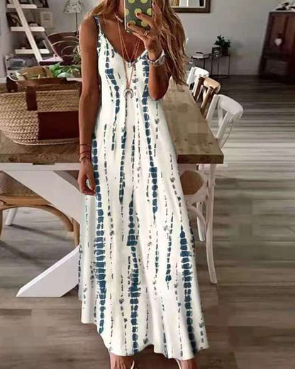 Printed Maxi Spaghetti Strap Dresses for V-neck Backless A-line Long Dress Style Beach Vestidos