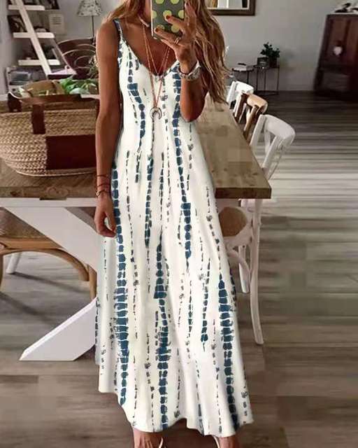 Printed Maxi Spaghetti Strap Dresses for V-neck Backless A-line Long Dress Style Beach Vestidos