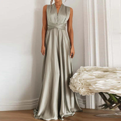 Off Shoulder High Waist Satin Long Dress Color V Neck Sleeveless Dress New Cross Backless Laceup Party Dress