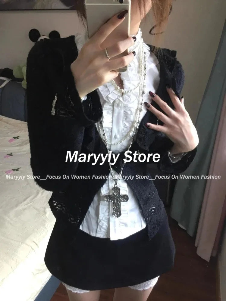 Autumn Y2k Gothic Outfits Long Sleeve Cardigan Coat + Ruched Hollow Out Shirts+ Lace High Waist Mini Skirts 3 Piece Sets