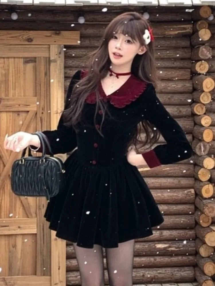 Black Velvet Dresses French Sweet Birthday Party Mini Dress Autumn Spring Female Pleated Aline Short Vestidos