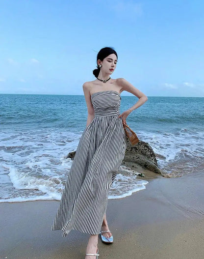 Summer Black White Striped Club Off Shoulder Long Dresses High Waist Backless Pleated Strapless Sundress