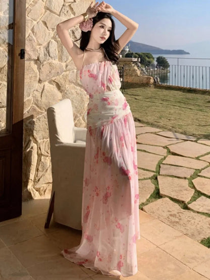 Sweet Print Long Dresses for Strapless Sleeveless Evening Party Dress New Holiday Beach Vestidos