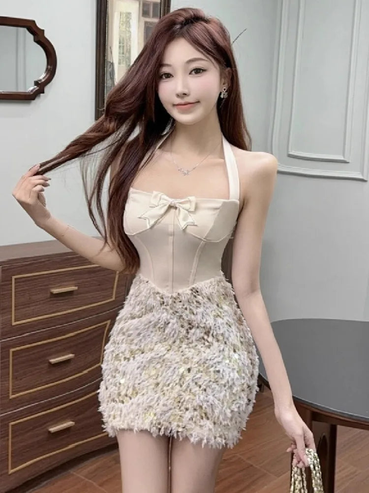 Mini Dress Woman Bow Patchwork Sequins Sleeveless Patchwork Slim Party Dress Backless Clubwear