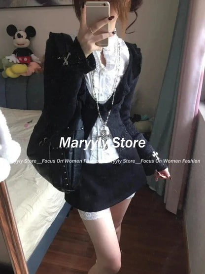 Autumn Y2k Gothic Outfits Long Sleeve Cardigan Coat + Ruched Hollow Out Shirts+ Lace High Waist Mini Skirts 3 Piece Sets