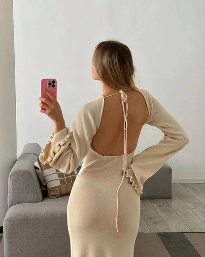 Ribbed Knit Ruffle Trim Long Dress Long Sleeve Bodycon Party Cocktail Dress Flare Summer Beach Cover Up