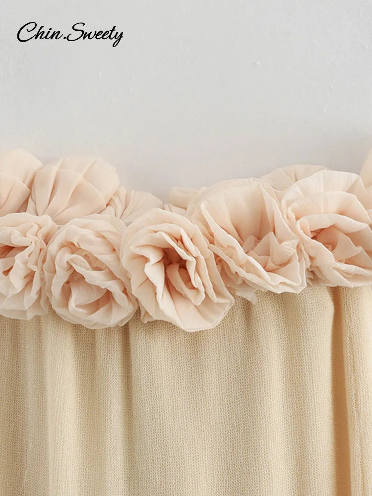 3d Flower Knit Long Dress Off Shoulder Backless Loose Party Beach Vacation Dresses Spring Lady Knitwear New