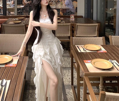 Korean Sweet Fairycore Long Dresses for Spaghetti Strap Ruffles Princess Party Dress Summer Slim Waist Vestidos