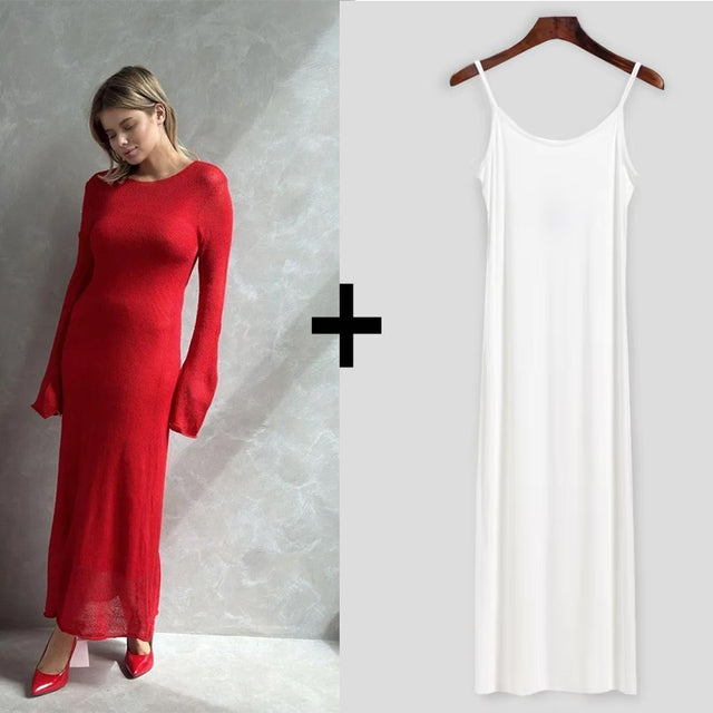 Spring Autumn O-neck Elastic Knit Long Dresses Soft Lady Hollowing Sweater Dresses Femme New