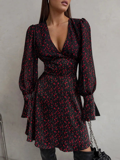 Printed Mini Dresses Deep V Neck Long Sleeve Waist Cinched Aline Vestidos Office Lady Dresses