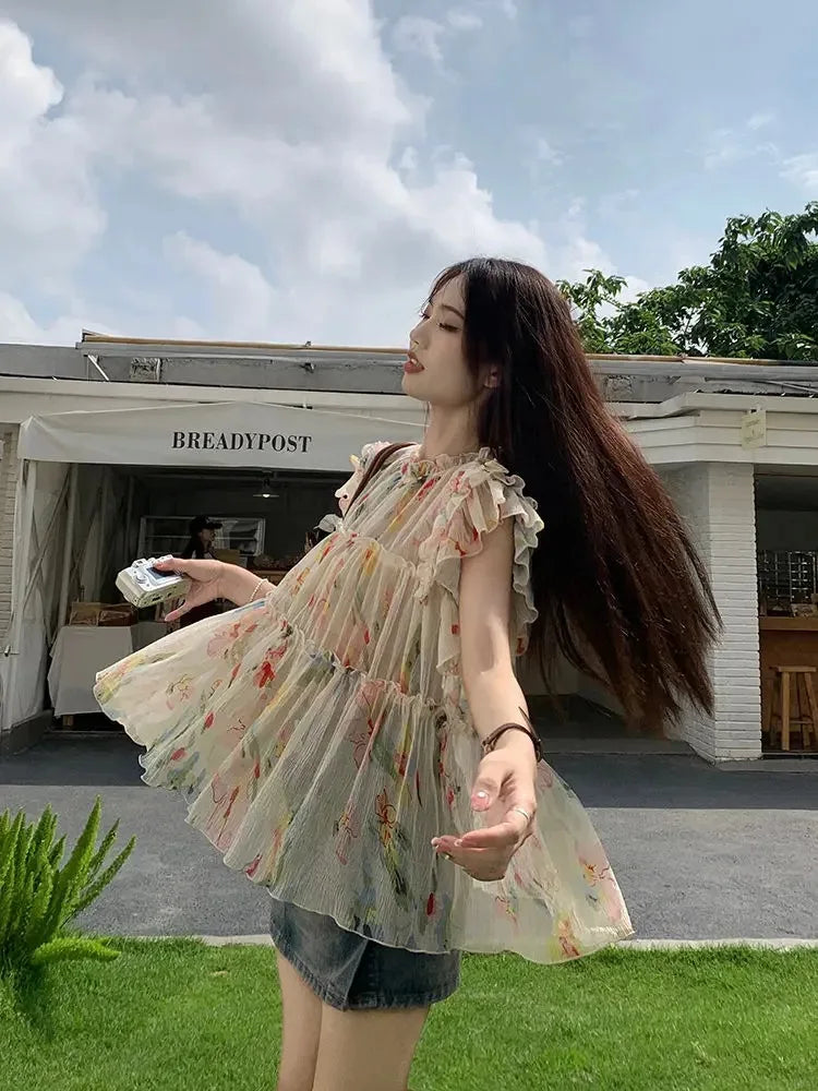 Y2k Print Chiffon Blouse Flying Sleeve Perspective Fairycore Pleated Shirts Summer Aesthetic Tops