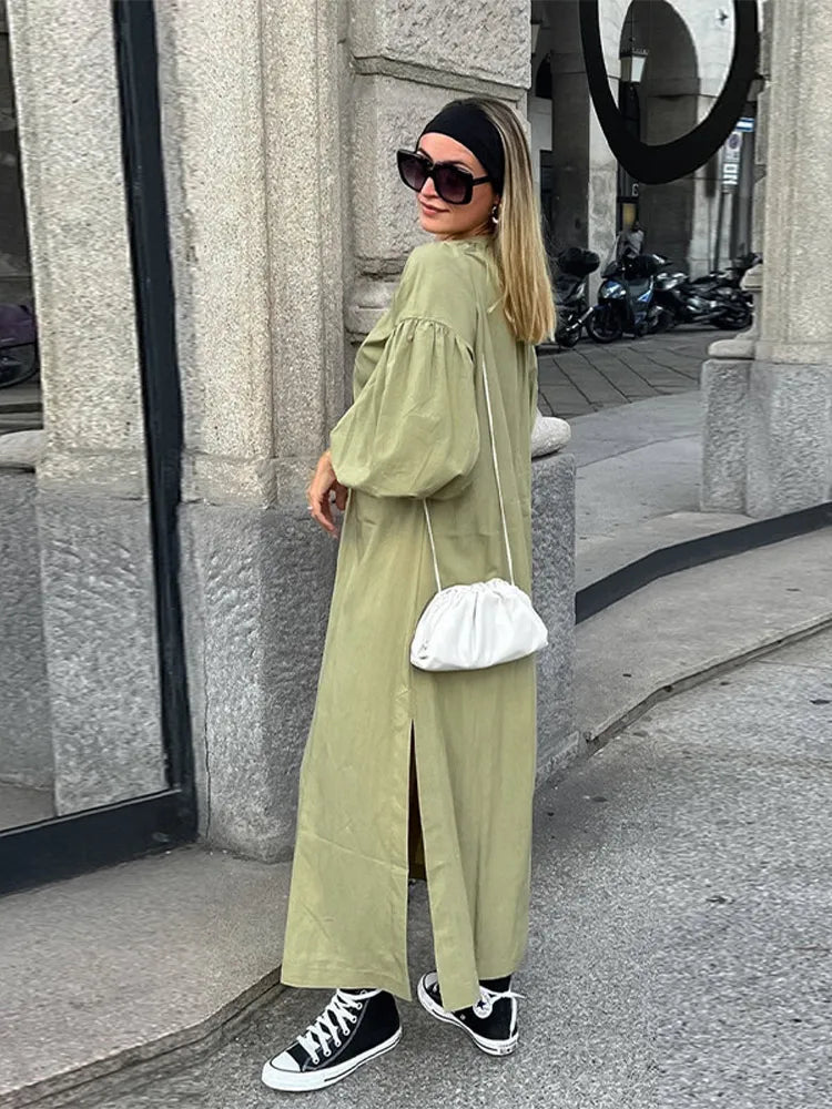 Street Lace Up Long Dresses New Loose V-neck Side Slit Dress Female Summer Versatiel Street Party Robes