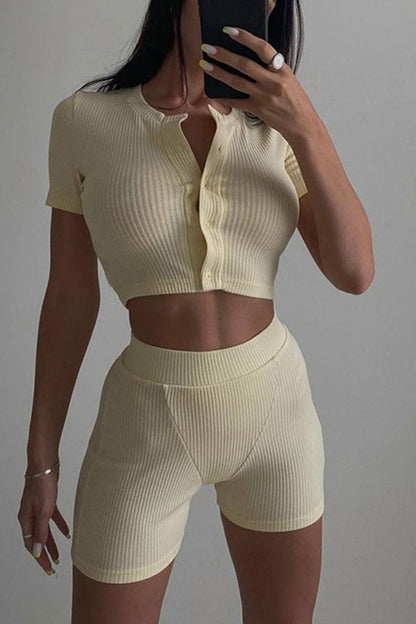 Short Sleeve Ribbed Knit Cardigan Bodycon Shorts Set