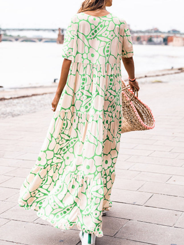 Short Sleeves V Neck Printed Maxi Dress