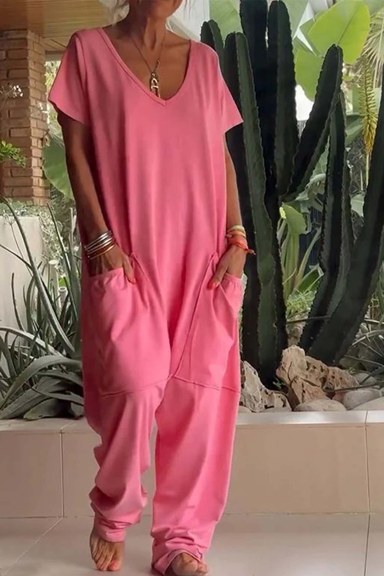 Short Sleeve V Neck Pocket Baggy Jumpsuit