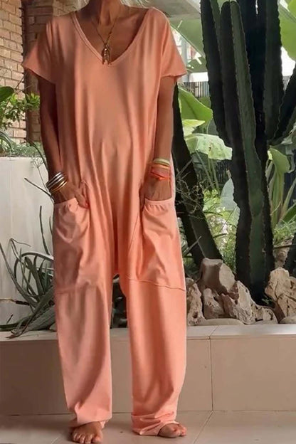 Short Sleeve V Neck Pocket Baggy Jumpsuit
