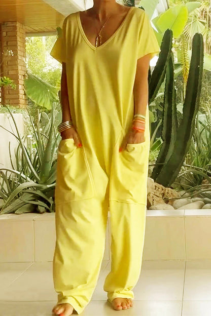 Short Sleeve V Neck Pocket Baggy Jumpsuit