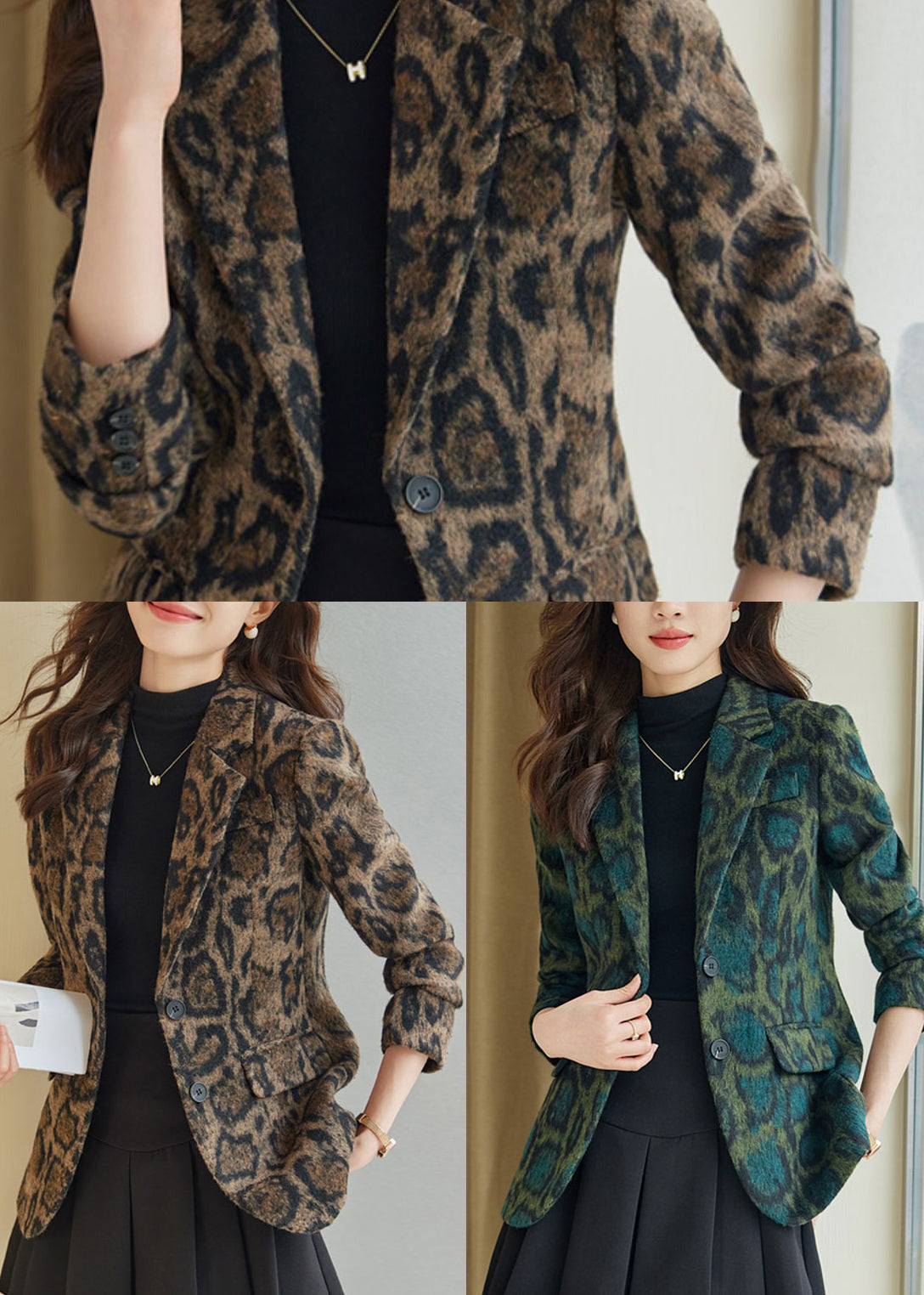 Green Leopard Print Woolen Coats Spring Yj058