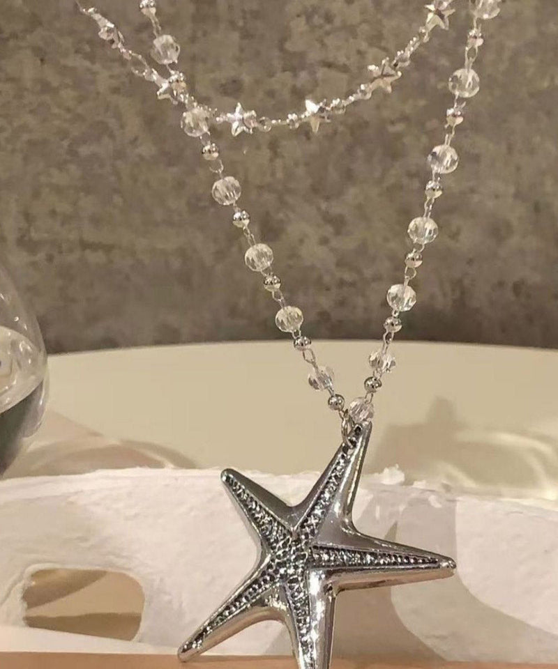 Simple Alloy Zircon Star Double Layer Beading Pendant Necklace