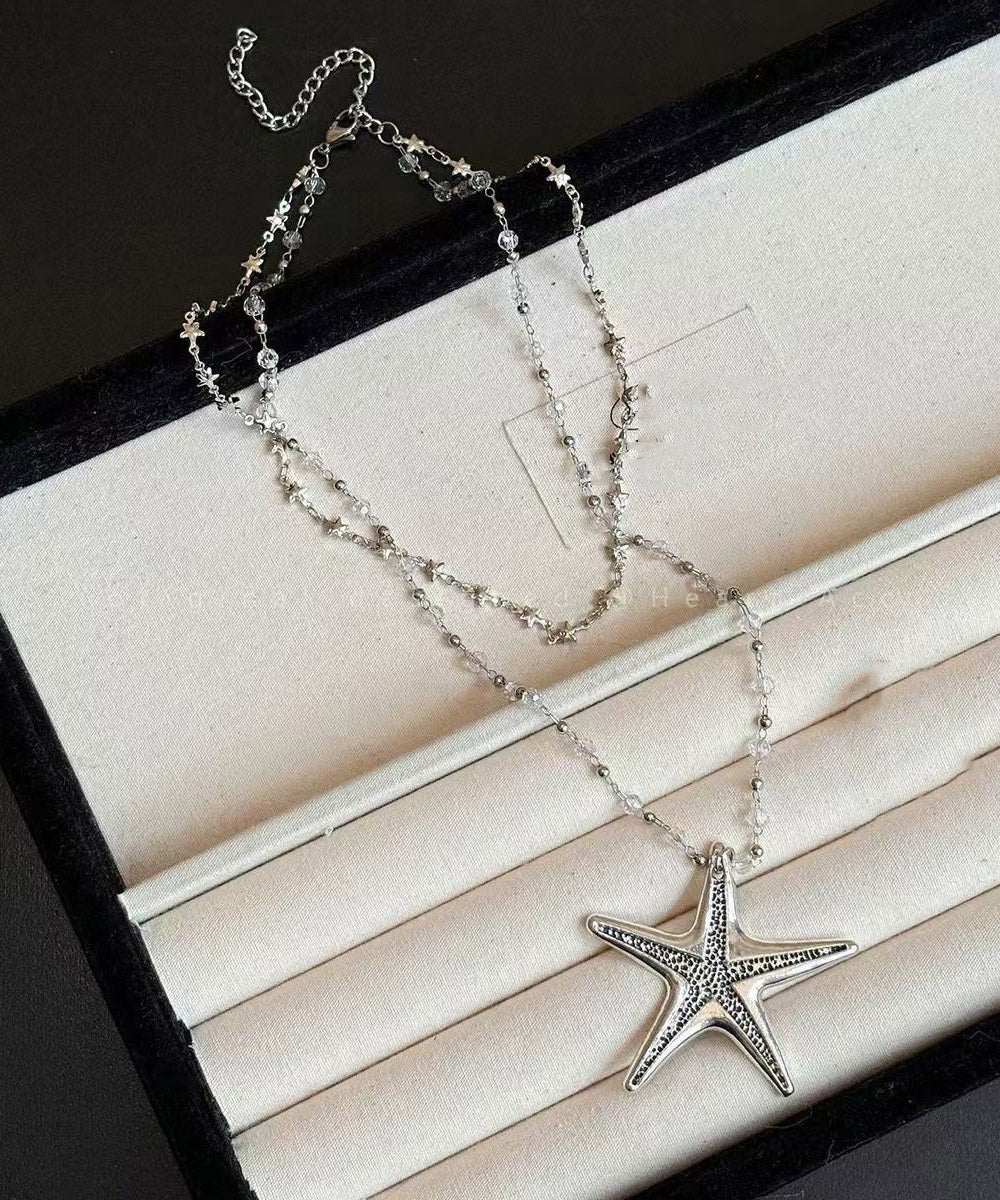 Simple Alloy Zircon Star Double Layer Beading Pendant Necklace