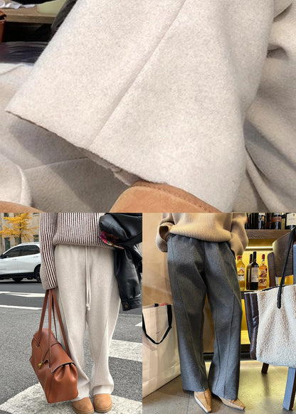 Simple Apricot Pockets Elastic Waist Woolen Pants Winter Rf018