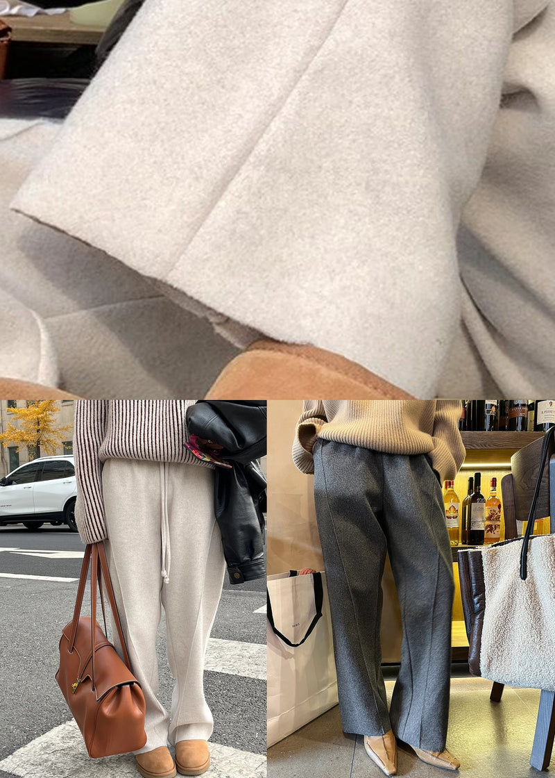 Grey Pockets Woolen Pants Elastic Waist Winter Rf019