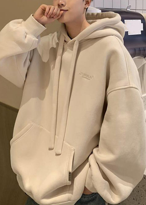 Simple Beige Hooded Pockets Warm Fleece Sweatshirt Winter Rp062