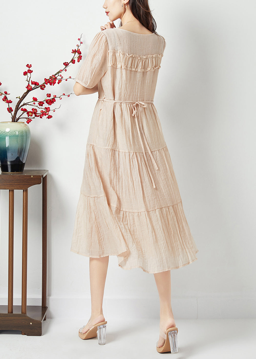 Simple Beige O-neck Patchwork Wrinkled Linen Silk Long Dress Summer Lc0425
