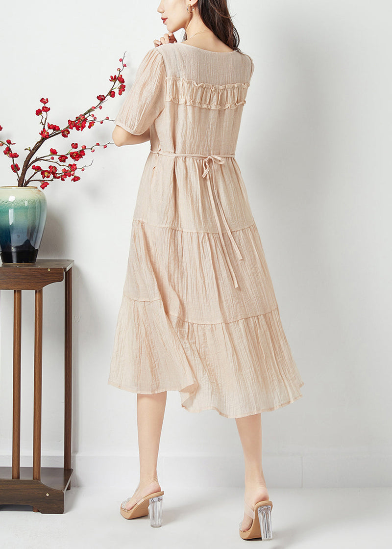 Simple Beige O-neck Patchwork Wrinkled Linen Silk Long Dress Summer Lc0425
