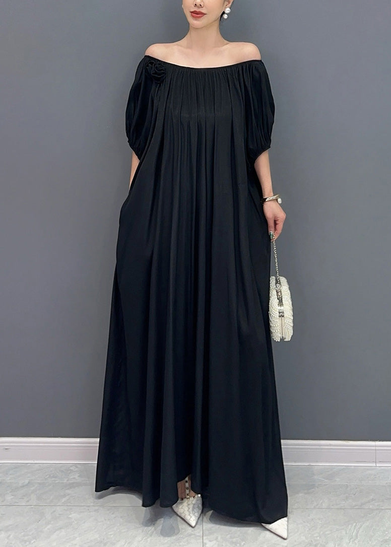 Simple Black Cold Shoulder Slash Neck Cotton Long Dress Summer Ay1014