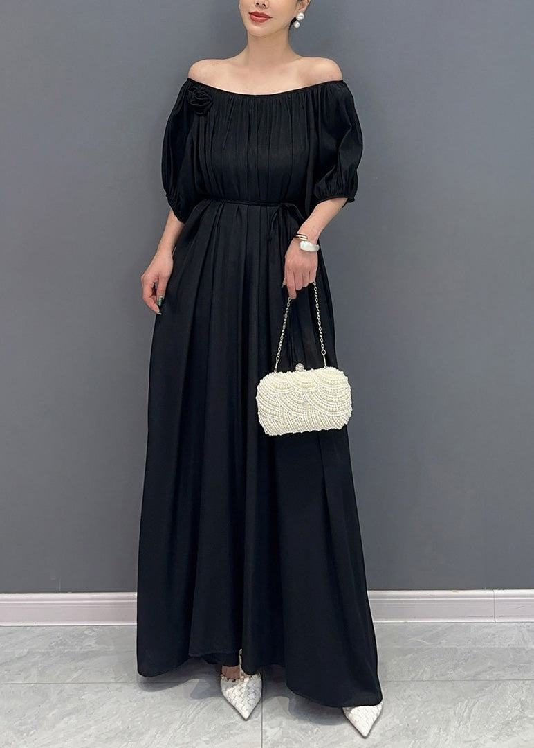 Simple Black Cold Shoulder Slash Neck Cotton Long Dress Summer Ao1015