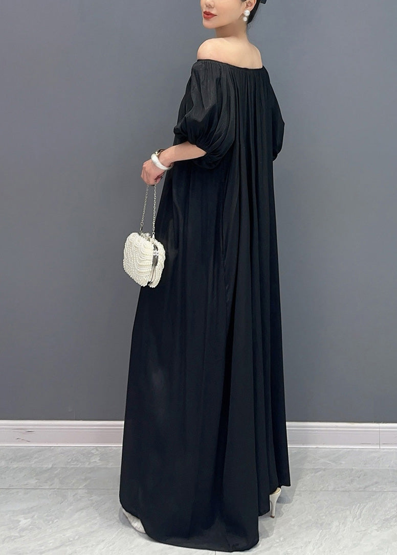 Simple Black Cold Shoulder Slash Neck Cotton Long Dress Summer Ay1014