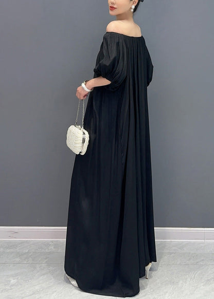 Simple Black Cold Shoulder Slash Neck Cotton Long Dress Summer Ao1015