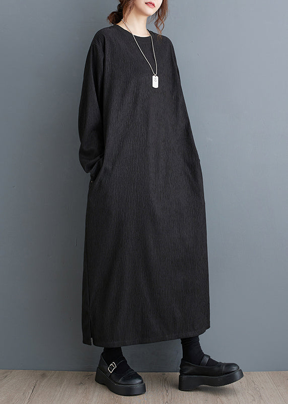 Simple Black O Neck Cotton Long Dress Fall Oo033