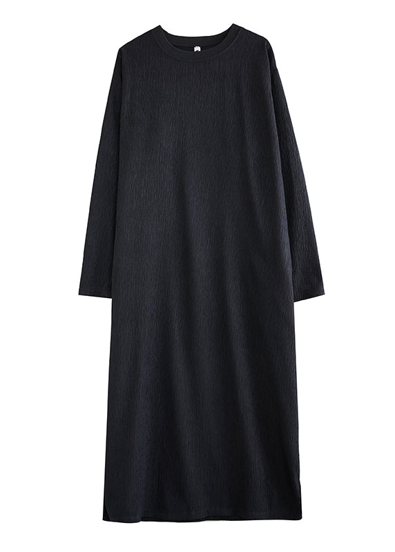 Simple Black O Neck Cotton Long Dress Fall Oo033