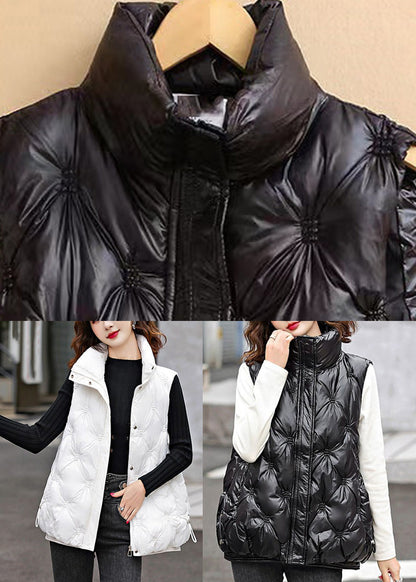 Simple Black Stand Collar Pockets Fine Cotton Filled Waistcoat Winter Rk015